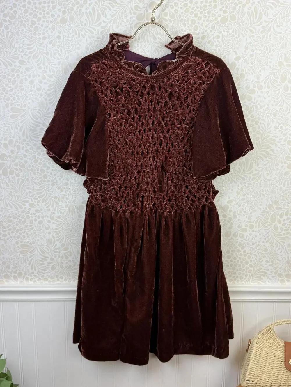 Free People Gum Drop Double Dare Brown Burgundy Velvet Mini Dress - Size - Large
